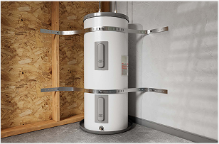 Photo of a water heater braced to a wall.