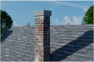 Photo of a masonry chimney on a shingled roof.